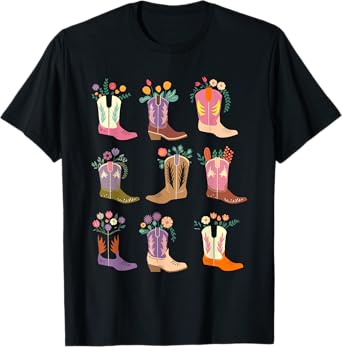 Floral Cowgirl Boots Western Rodeo Country Equestrian T-Shirt