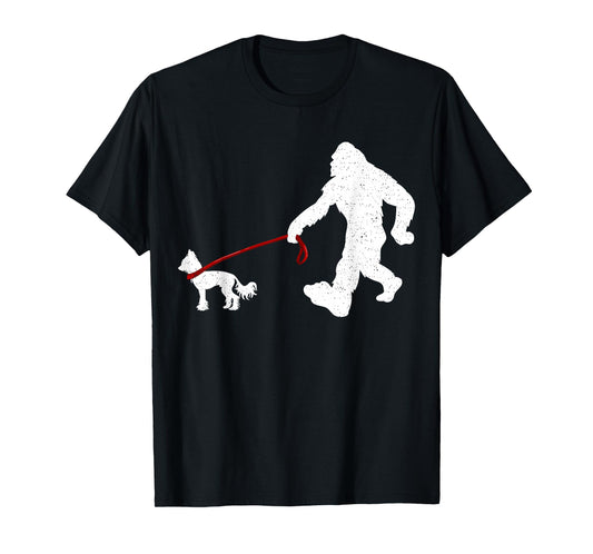 Funny Bigfoot Walking With Chinese Crested Dog Gifts T-Shirt