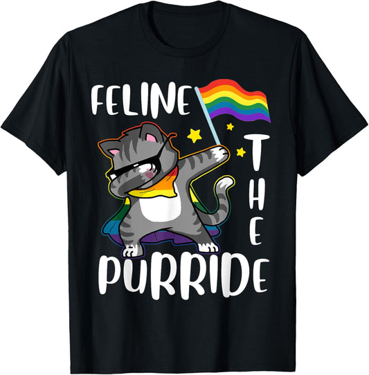 Feline The Purride Dabbing Cat LGBT Gay Pride Flag Rainbow T-Shirt