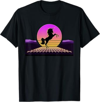 Retro Unicorn, 80s Digital Vaporwave Synthwave Outrun Sunset T-Shirt