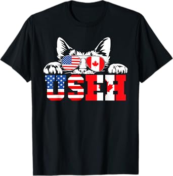 Funny Cat Lover Maple Leaf Canadian & USA Flag Canada Day T-Shirt