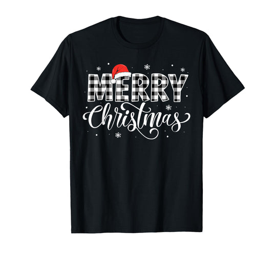 Merry Christmas Buffalo Plaid Black and White Santa Hat Xmas T-Shirt