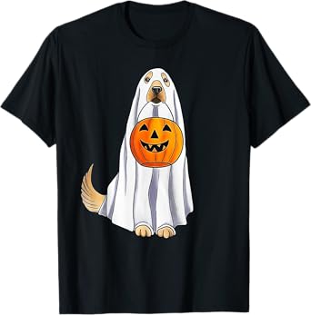 Funny Halloween Golden Retriever Dog Ghost and Pumpkin Women T-Shirt