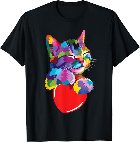 cute colorful cat hug heart art for lover cats kitty kitten T-Shirt