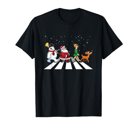 Christmas Road Snowman Santa Elf Reindeer Xmas Crosswalk T-Shirt