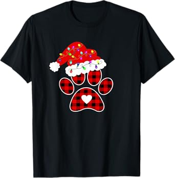 Buffalo Plaid Christmas Paw Dog with Santa hat & Lights Men Women Kids T-Shirt