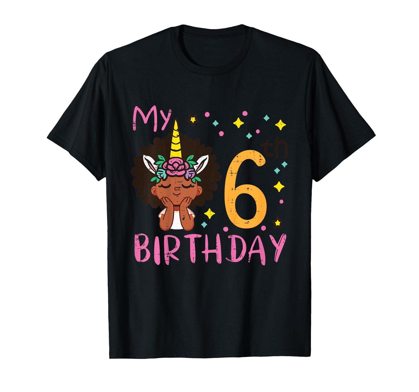 6th Birthday Afro Black Girl Unicorn 6 Year Old Bday Girls T-Shirt