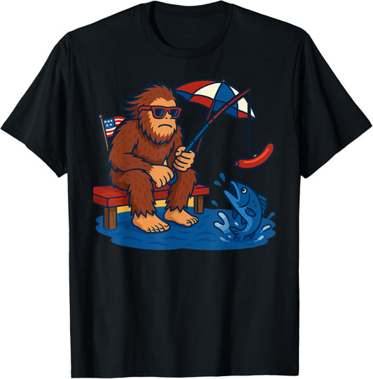 Funny Bigfoot Fishing with Hotdog – USA Summer Humor T-Shirt