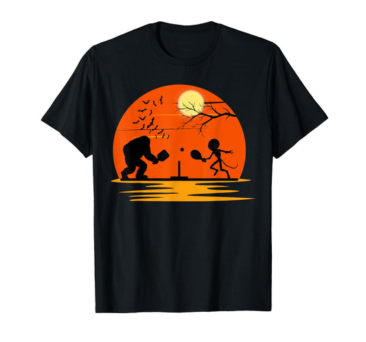 Bigfoot and Alien Playing Pickleball Halloween Sunset T-Shirt