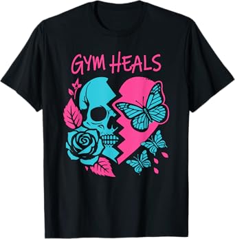 gym heals retro skull broken heart print motivation workout T-Shirt