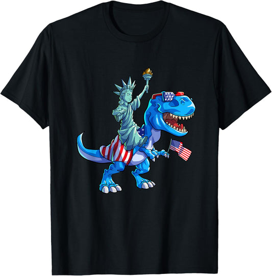 Dino Statue Of Liberty 4th Of July Shirt Boys American Flag T-Shirt