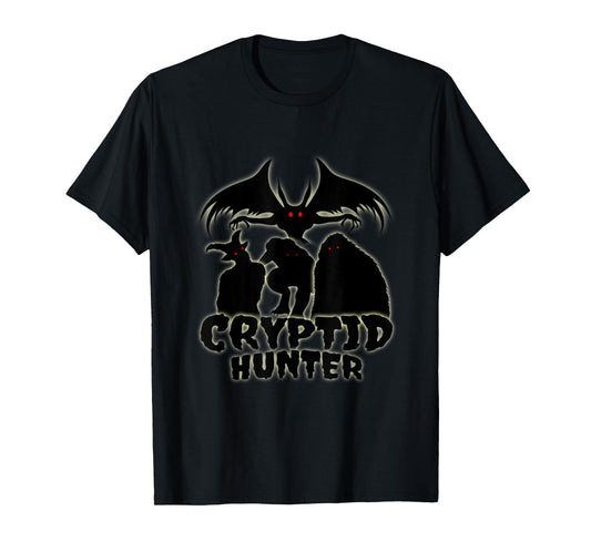 Cryptid Hunter with Goatman Memo Mothman T-Shirt