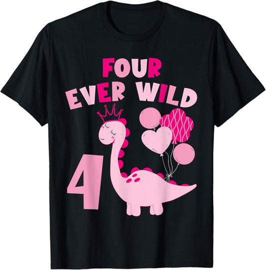Four Ever Wild Dinosaurs Theme 4th Birthday Family Party T-Shirt