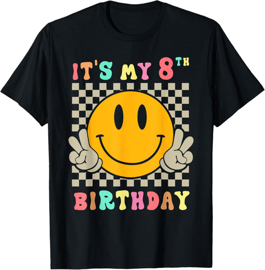 Groovy Hippie Smile Face It's My 8th Birthday Happy 8 Year T-Shirt