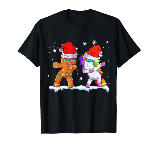 Unicorn Christmas Shirt Girl Women Santa Hat Gingerbread Man T-Shirt