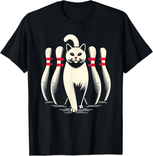 Funny Cat White Playing Bowling Retro Vintage Striking T-Shirt