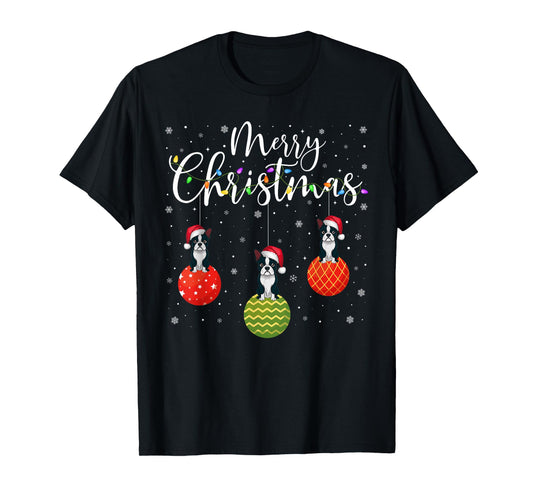 Merry Christmas Lights Santa Hat Boston Terrier Ugly Xmas T-Shirt