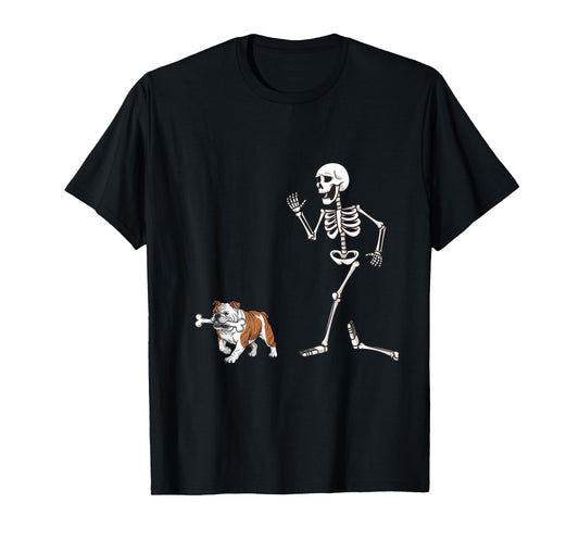 Funny Halloween Bulldog and Skeleton T-Shirt