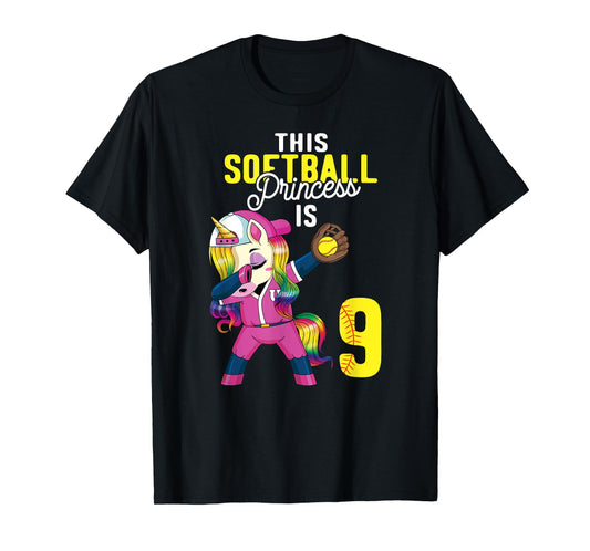 This Softball Princess is 9th Birthday Unicorn Dabbing Gift T-Shirt