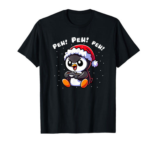 XmasByAxisone2024 Funny Penguin Gamer Pew Video Game Christmas Boys Kids T-Shirt