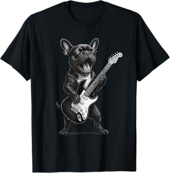 French Bulldog Playing Guitar Rock Music Dog Lover T-Shirt for Men Women Kids