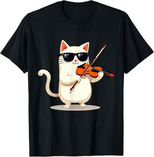 Cute Cat Wearing Sunglasses Playing Violin Viola Musician T-Shirt