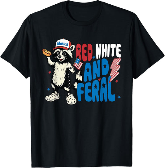 Red White and Feral Funny Raccoon 4th of July Boys Girls T-Shirt