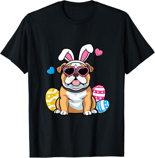 Cute English Bulldog Dog Bunny Ears Sunglasses Easter Day T-Shirt