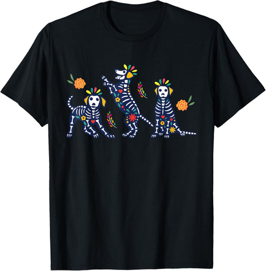 Day of the Dead Colorful Skeleton Dogs Mexican Halloween T-Shirt