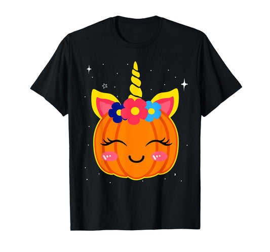 Girls Funny Halloween Costume Cute Unicorn Pumpkin Kids T-Shirt