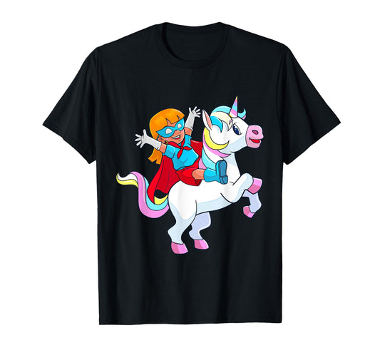 Superhero Birthday Girl Riding Unicorn Funny Kids Toddlers T-Shirt