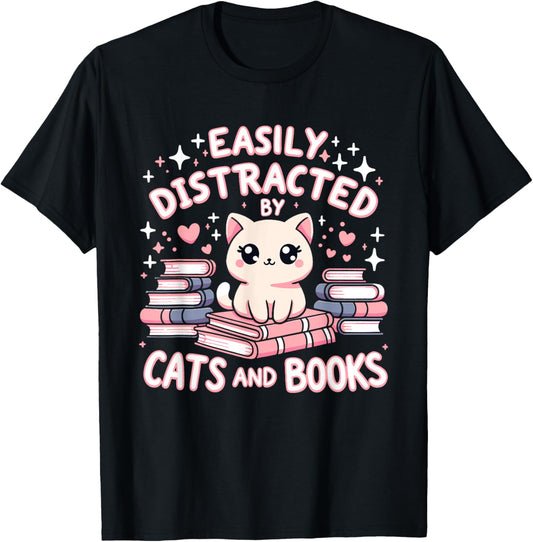 Easily Distracted by Cats and Books Cat Design Girls T-Shirt