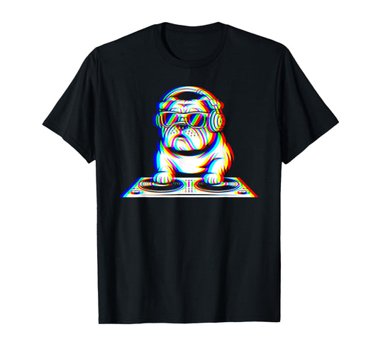 Funny English Bulldog DJ Glitch Rave EDM Music Party T-Shirt