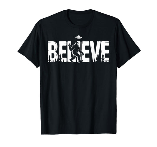 Bigfoot Believe UFO Sasquatch Alien Peace Forest Funny T-Shirt