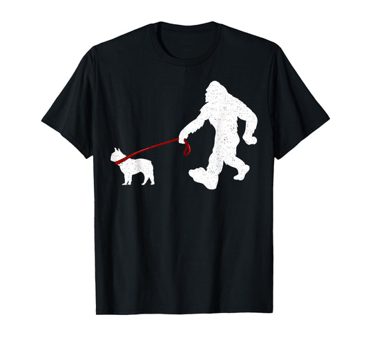 Funny Bigfoot Walking With French Bulldog Dog Lover Bigfoot T-Shirt