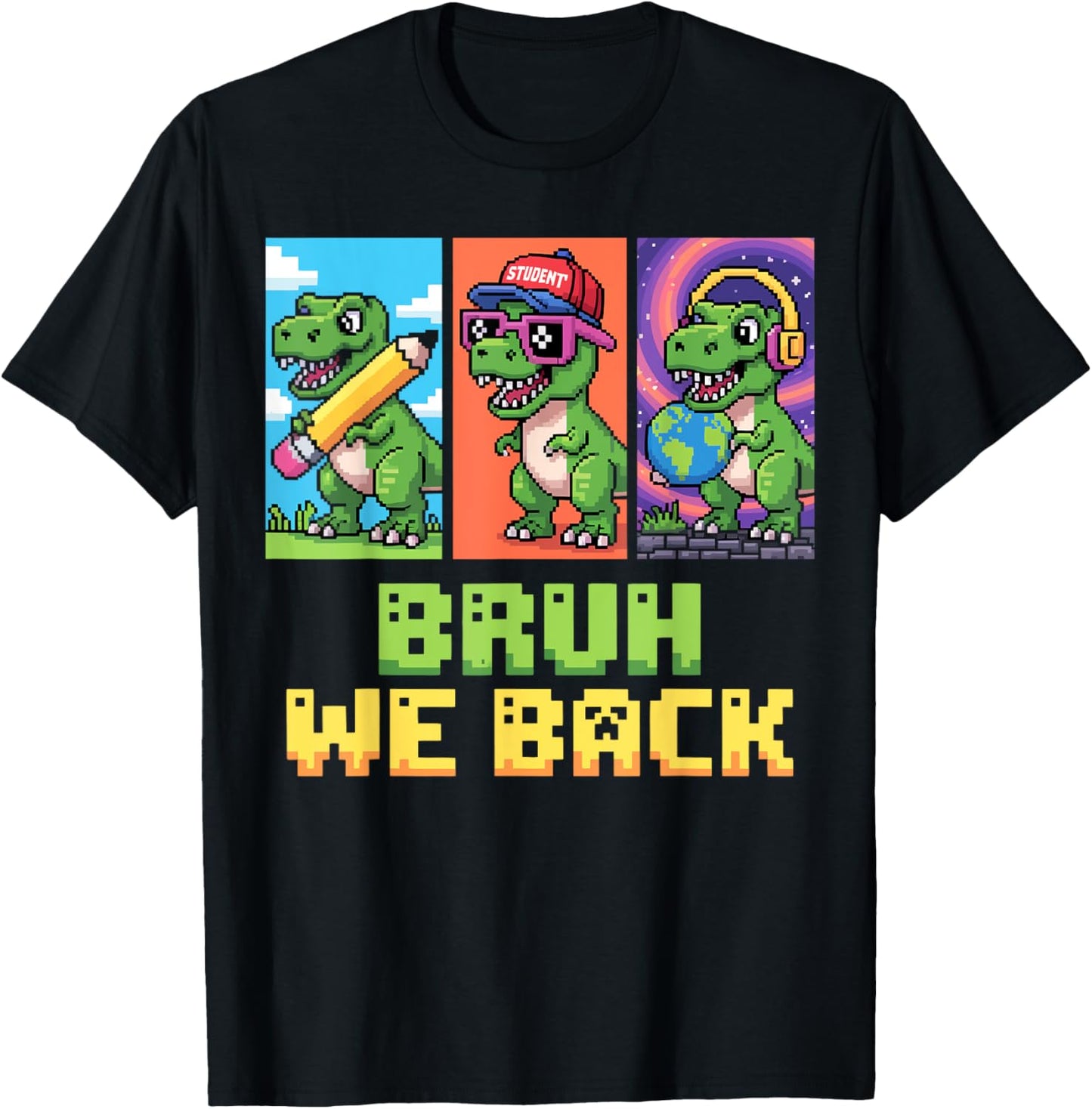 Bruh We Back To School Funny Student Dinosaur Pixel Kids T-Shirt