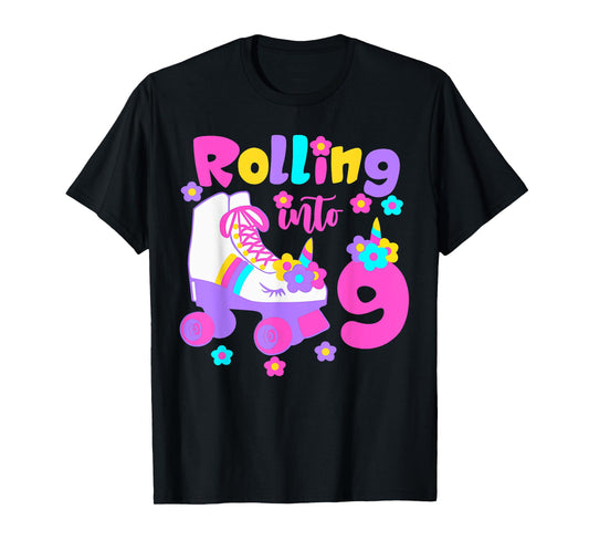 Rolling Into 9 Years Old Roller Skating Girl 9th Birthday T-Shirt
