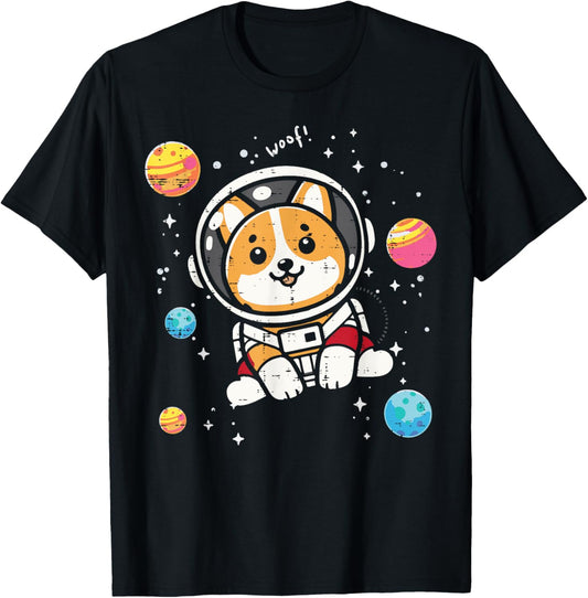 Astronaut Dog Welsh Corgi Woof Space Galaxy Men Women Kids T-Shirt