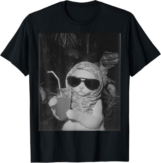 Chill And Cool Cat Drinking Fruit Selfie With Dinosaur T-Rex T-Shirt