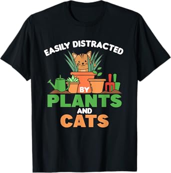 Easily Distracted By Plants And Cats Cute Cat With Flowers Men Women Kids T-Shirt
