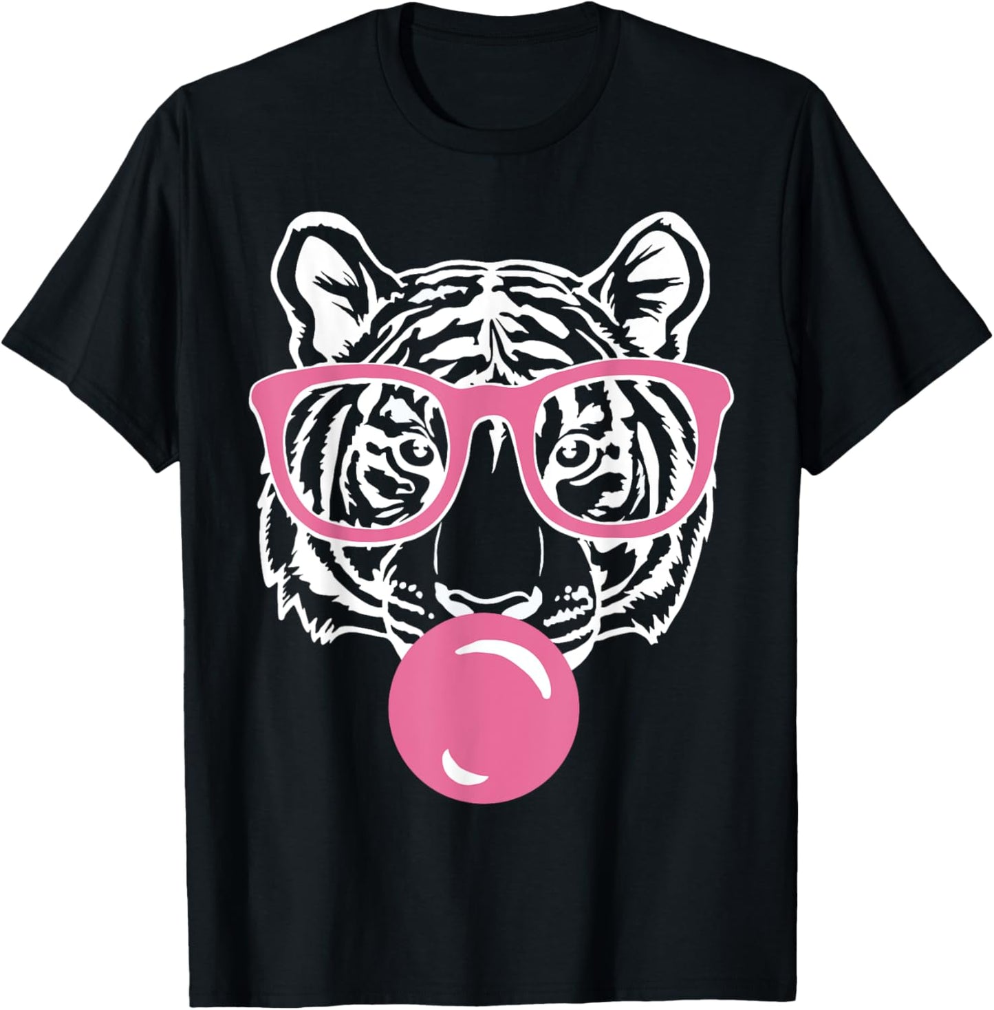 Popping Bubble Gum Tiger Smart Pink Glasses Cat and Tiger T-Shirt