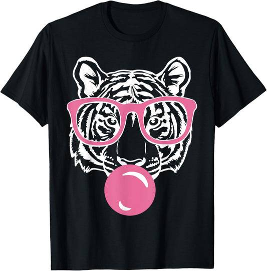 Popping Bubble Gum Tiger Smart Pink Glasses Cat and Tiger T-Shirt