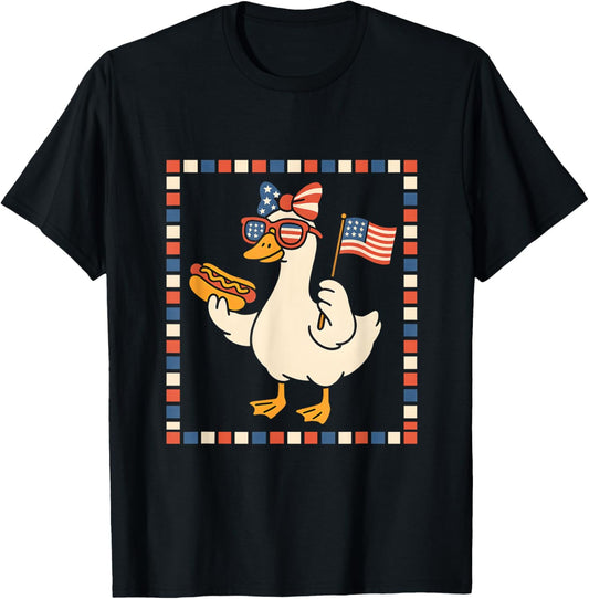 Funny Patriotic Goose USA Flag Hotdog 4th of July Party T-Shirt