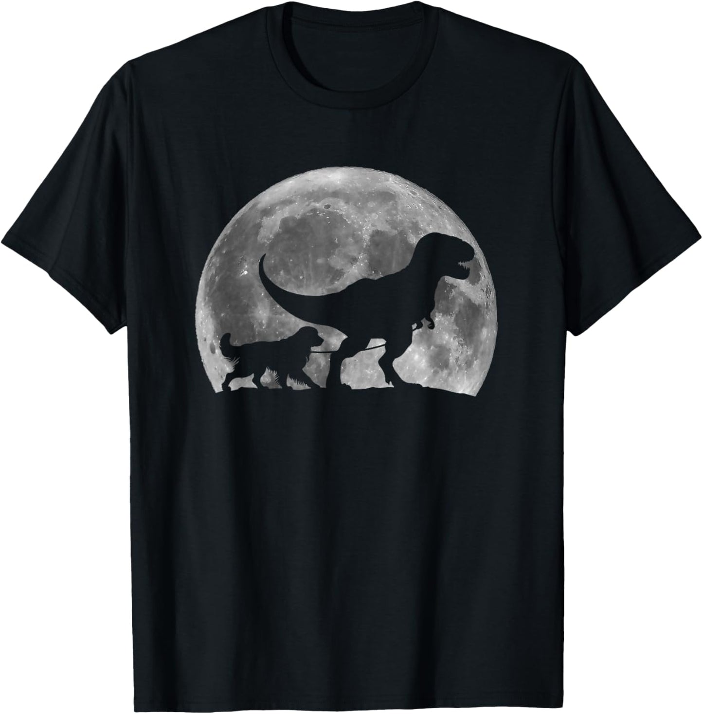 T Rex Walking a Dog Funny Golden Retriever Moon Halloween T-Shirt