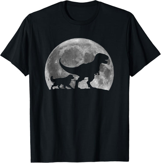 T Rex Walking a Dog Funny Golden Retriever Moon Halloween T-Shirt