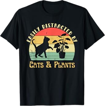 Retro Pet Cat Plant Lover Easily Distracted By Plants & Cats Men Women Girls Kids T-Shirt
