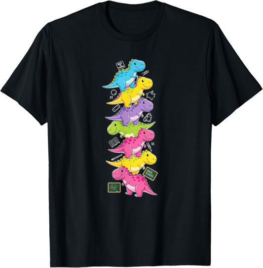 Funny T Rex Colorful Rainbow Back to School Kids Boys Girls T-Shirt