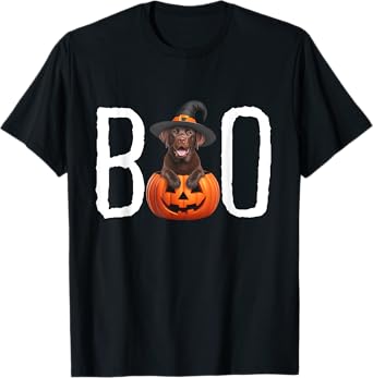 Chocolate Lab Puppy Pumpkin BOO Witch Hat Dog Halloween Dog T-Shirt for Men Women