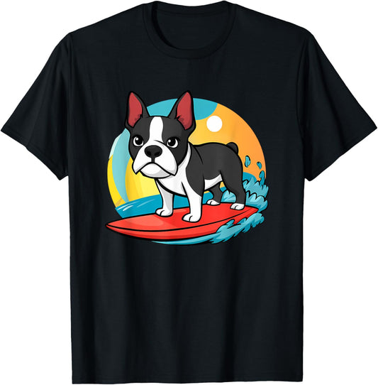 Adventurous Boston Terrier Dog Surfing Funny Surfers T-Shirt