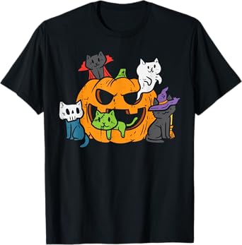 Vampire Ghost Zombie Witch Cats In Pumpkin Cute Halloween T-Shirt